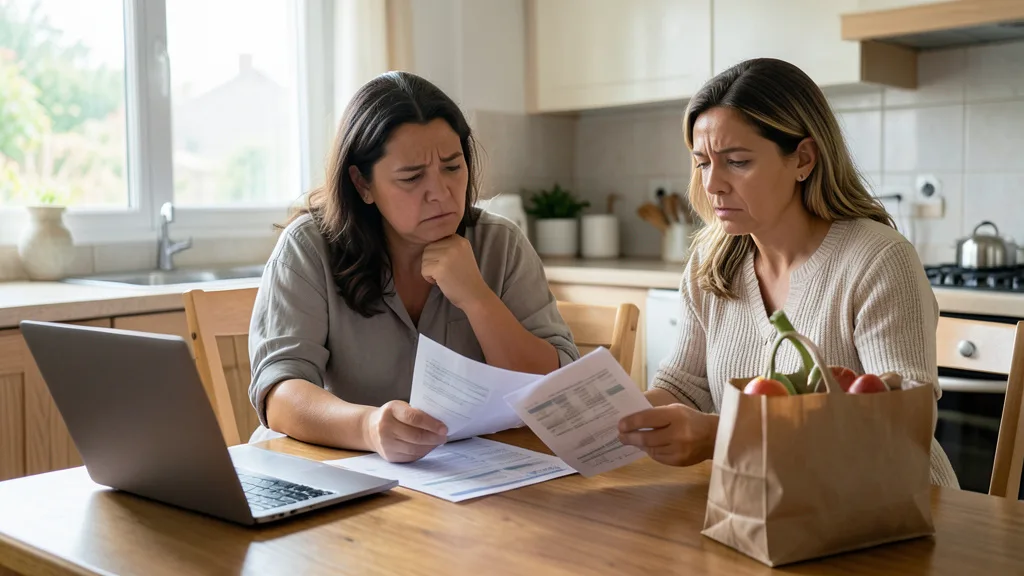 Família brasileira analisa contas e documentos financeiros à mesa de casa