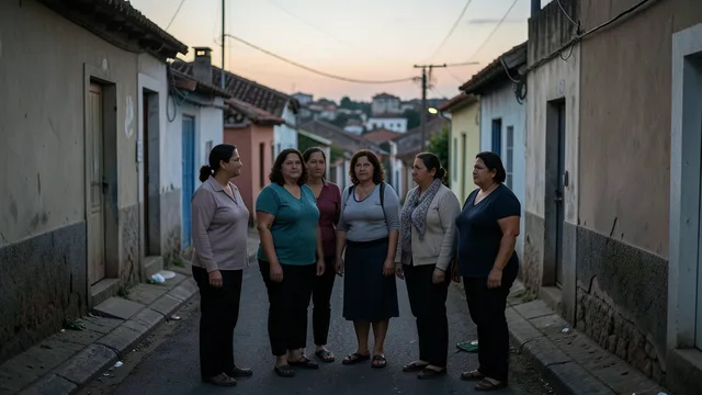 Imagem gerada por IA: Mulheres se apoiam em uma rua de bairro de Salvador.