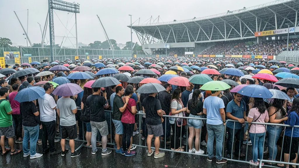 Imagem gerada por IA: Público aguarda sob chuva diante da entrada de um estádio.