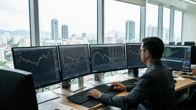 Imagem gerada por IA: Profissional acompanha o mercado financeiro em telas numa sala de investimentos.