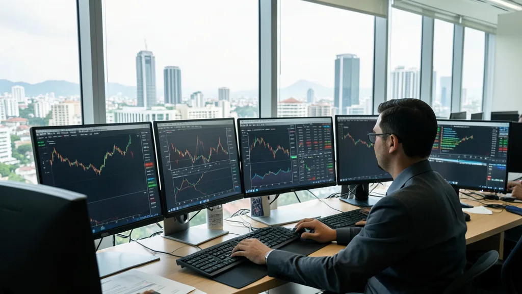 Imagem gerada por IA: Profissional acompanha o mercado financeiro em telas numa sala de investimentos.