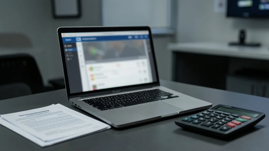 Imagem gerada por IA: Laptop com interface genérica de apostas ao lado de documentos financeiros e uma calculadora.