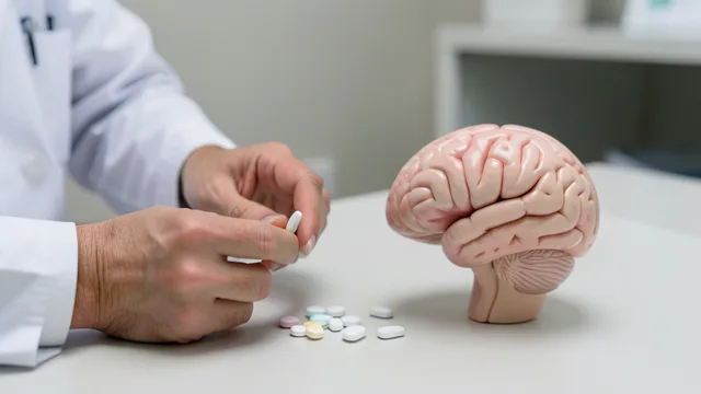 Comprimidos ao lado de um modelo anatômico do cérebro em um consultório médico.
