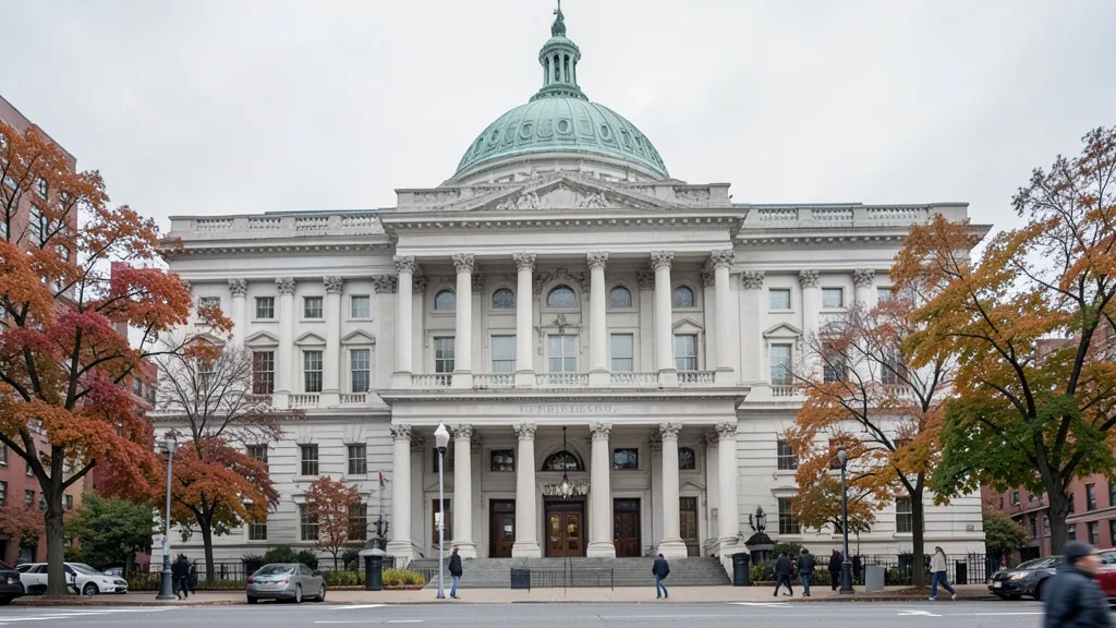 Imagem gerada por IA: Prédio do Federal Reserve em Washington em um dia nublado de outono.