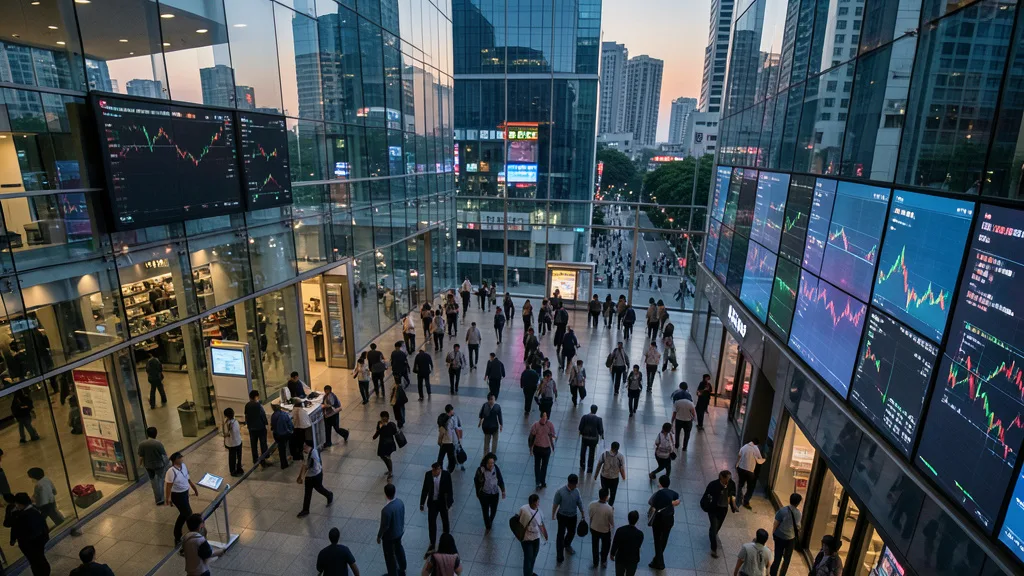 Imagem gerada por IA: Pessoas circulam em um edifício comercial envidraçado em um centro financeiro asiático.