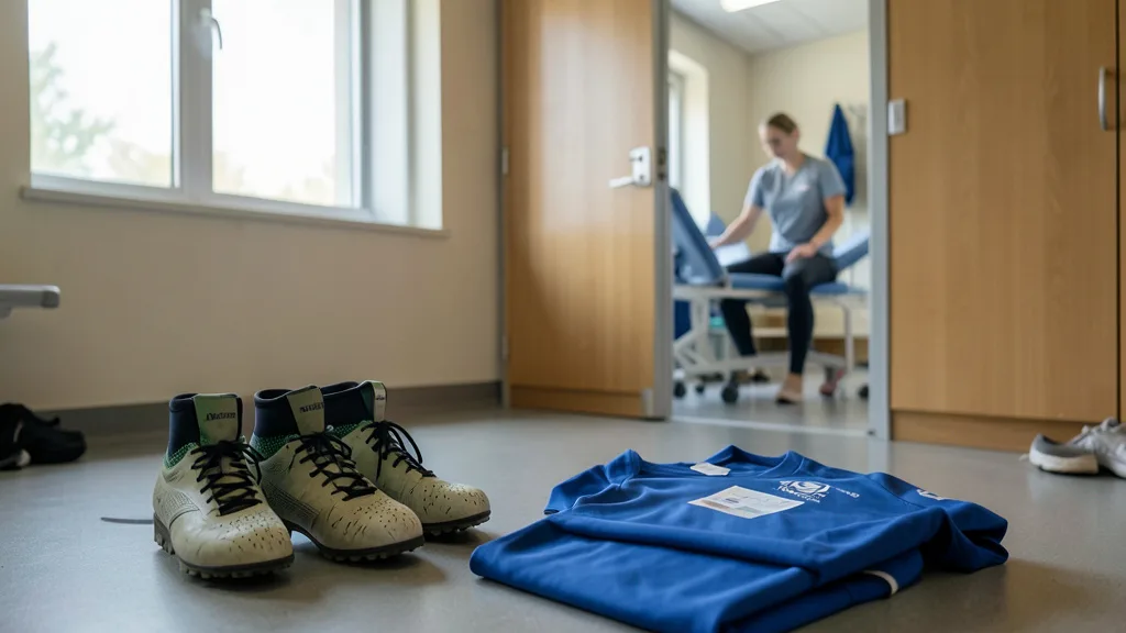 Imagem gerada por IA: Chuteiras e camisa de futebol em primeiro plano, com uma sala de consulta ao fundo.