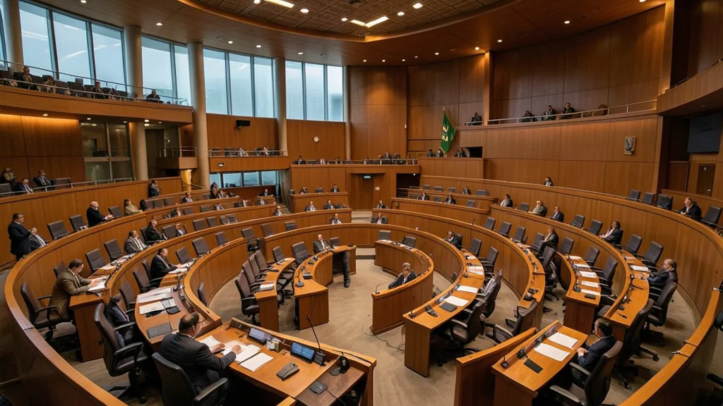 Imagem gerada por IA: Plenário do Senado Federal visto de cima, com as cadeiras e mesas dos senadores.