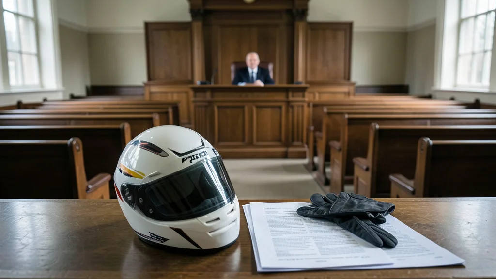 Imagem gerada por IA: Capacete e luvas de corrida ao lado de documentos em uma sala de tribunal.