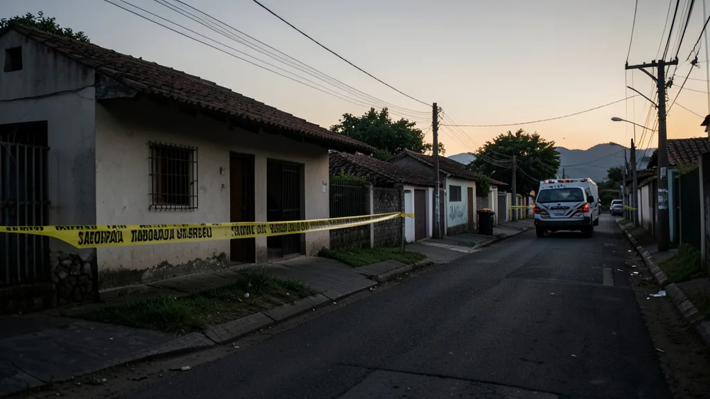 Imagem gerada por IA: Rua residencial isolada pela polícia durante a investigação de um feminicídio em Taboão da Serra.