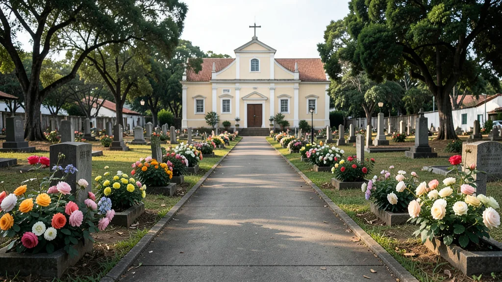 Imagem gerada por IA: Flores em um espaço tranquilo de cemitério, em homenagem à influenciadora Fernanda Fialho.