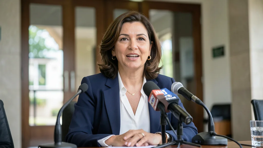 Imagem gerada por IA: Mulher fala em um evento institucional com microfones diante de um fundo neutro.