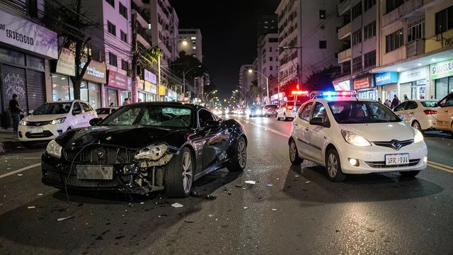 Imagem gerada por IA: Carros danificados após uma colisão em uma avenida urbana à noite.