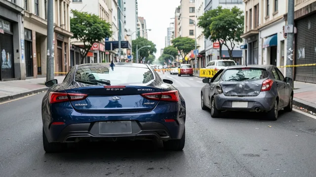 Imagem gerada por IA: Carro esportivo azul e sedã danificado em uma avenida, com barreiras ao fundo.