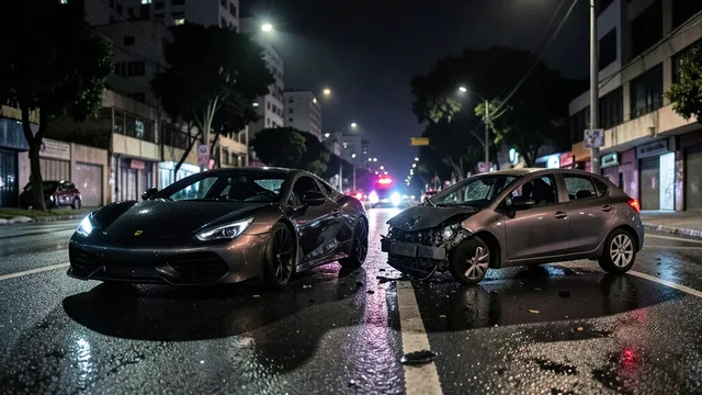 Imagem gerada por IA: Dois carros envolvidos em uma colisão em uma avenida urbana à noite.