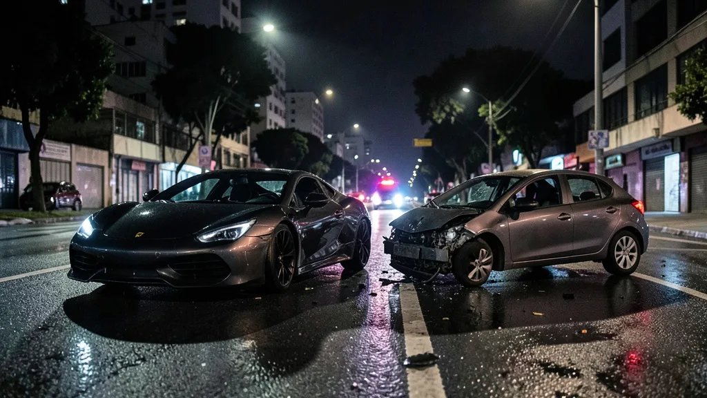 Imagem gerada por IA: Dois carros envolvidos em uma colisão em uma avenida urbana à noite.