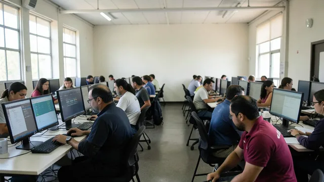 Imagem gerada por IA: Equipe acompanha a apuração eleitoral em computadores numa sala de trabalho.