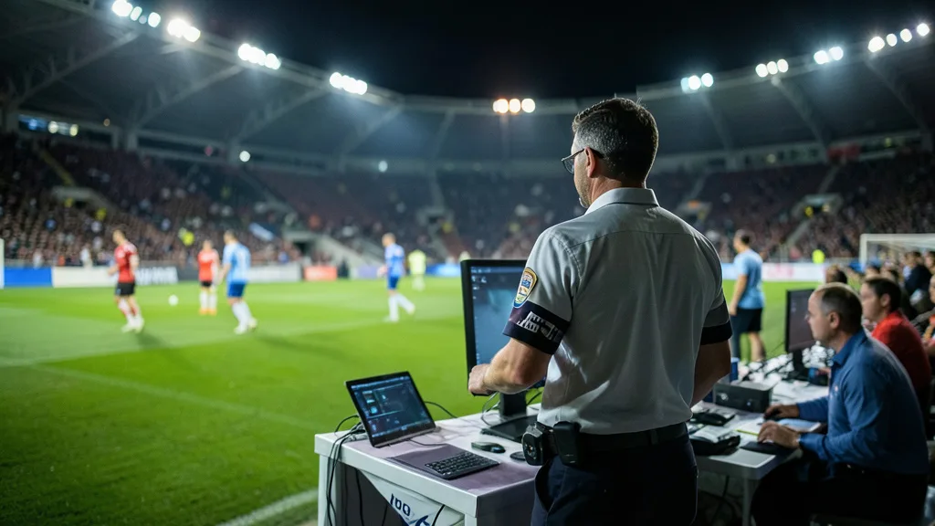 Imagem gerada por IA: Árbitro analisa um lance em um monitor de VAR à beira do campo.