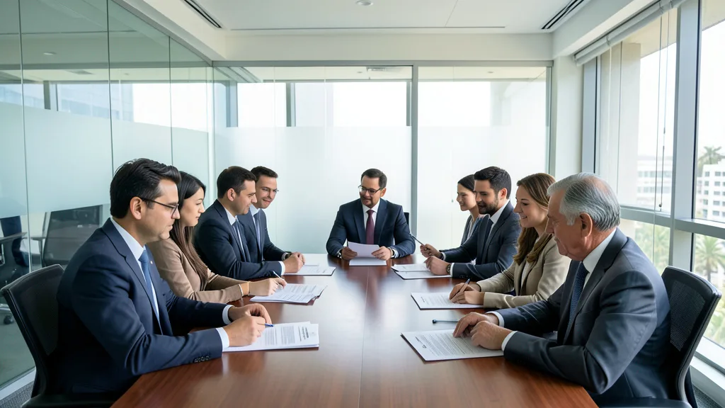 Imagem gerada por IA: Executivos analisam documentos durante uma reunião em uma sala de conselho corporativo.