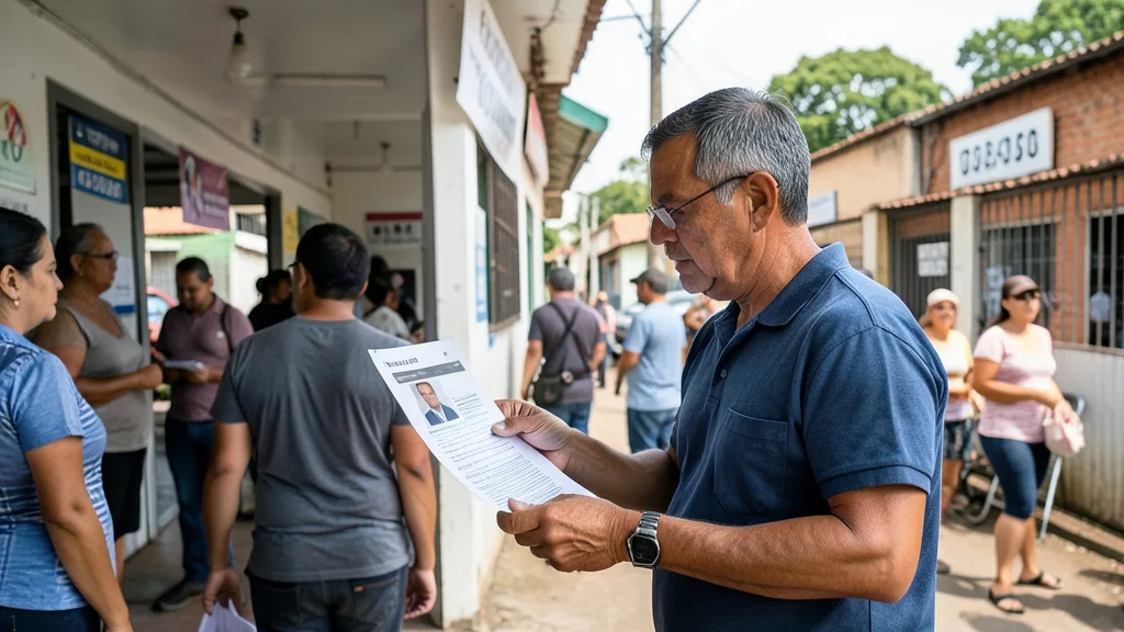 Imagem gerada por IA: Trabalhador revisa um currículo enquanto pessoas aguardam atendimento em um centro de emprego.