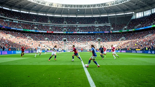 Imagem gerada por IA: Jogadoras disputam uma partida de futebol em um estádio lotado.