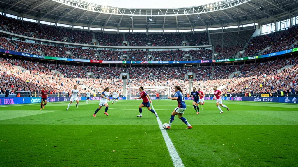 Imagem gerada por IA: Jogadoras disputam uma partida de futebol em um estádio lotado.