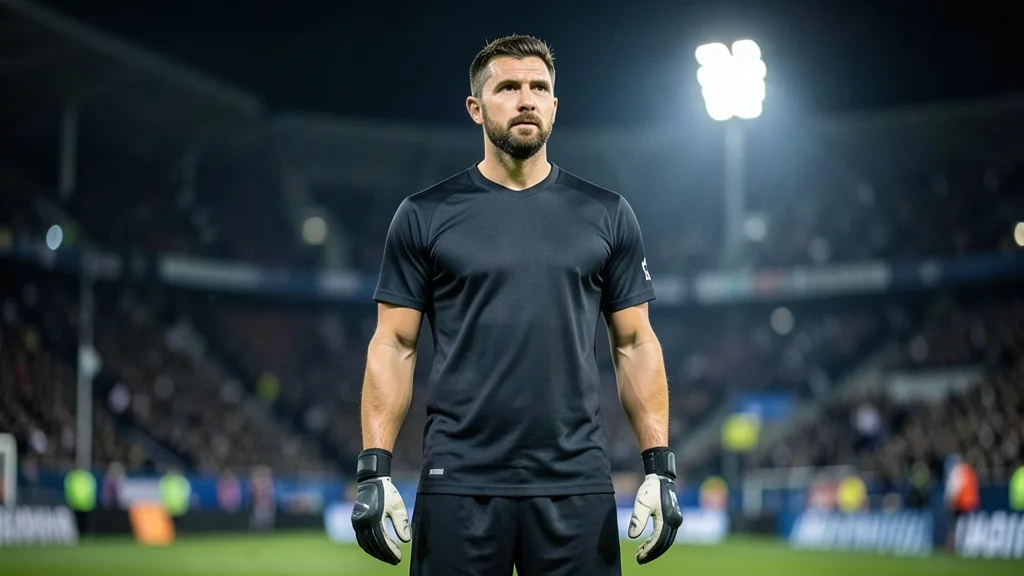 Imagem gerada por IA: Goleiro em campo diante de arquibancadas iluminadas durante uma partida internacional.