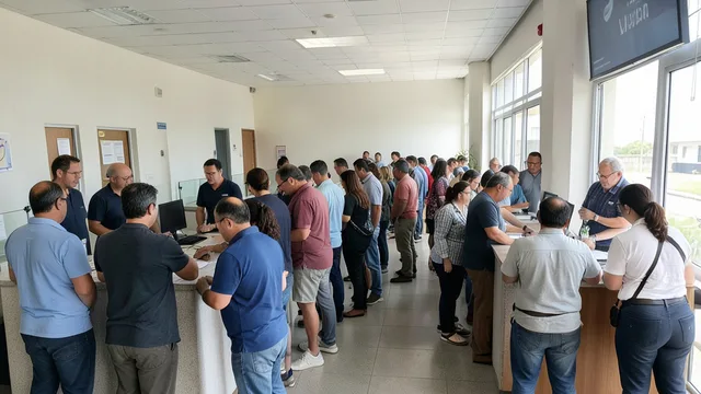 Imagem gerada por IA: Pessoas aguardam atendimento em uma agência de benefícios sociais.