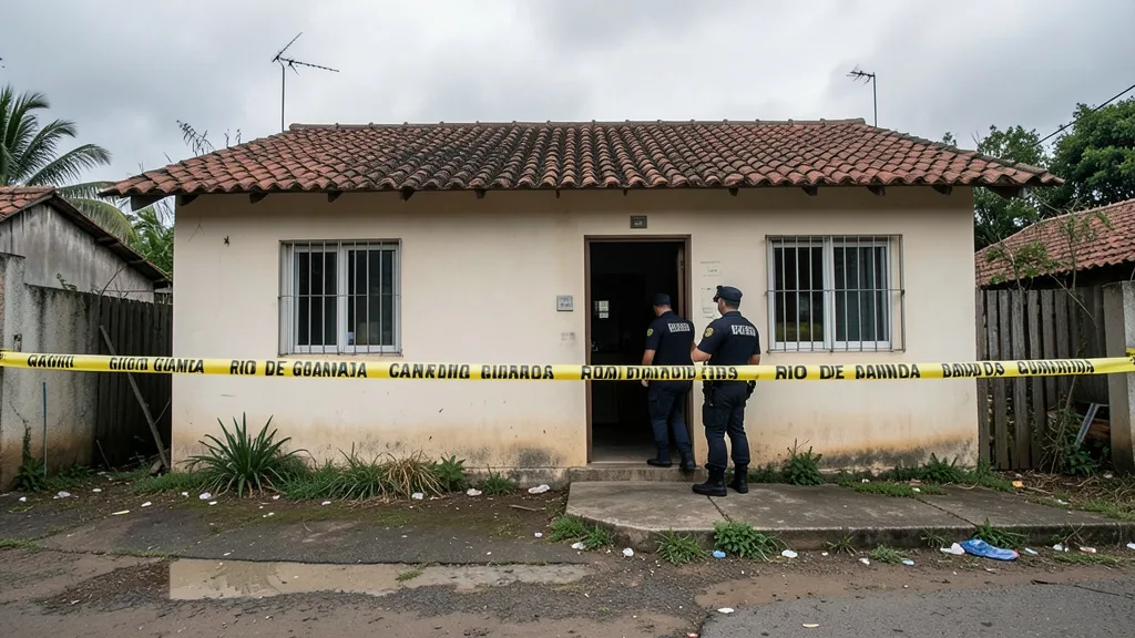 Imagem gerada por IA: Entrada de uma casa isolada por fita policial após uma morte a tiros no Rio de Janeiro.