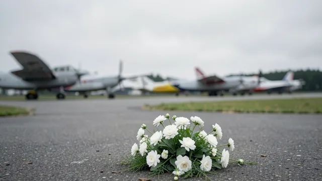 Flores em um memorial no Campo de Marte, com aviões ao fundo.