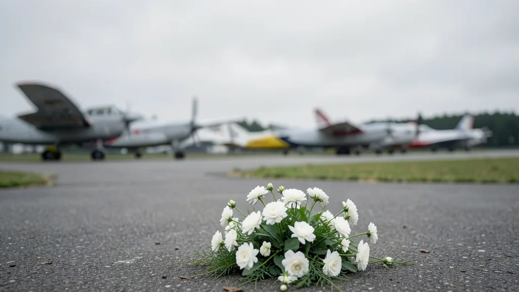 Flores em um memorial no Campo de Marte, com aviões ao fundo.