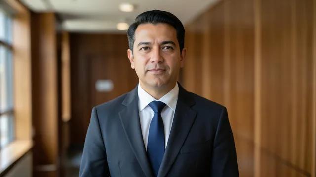 Imagem gerada por IA: Filipe Barros em retrato em um corredor institucional.