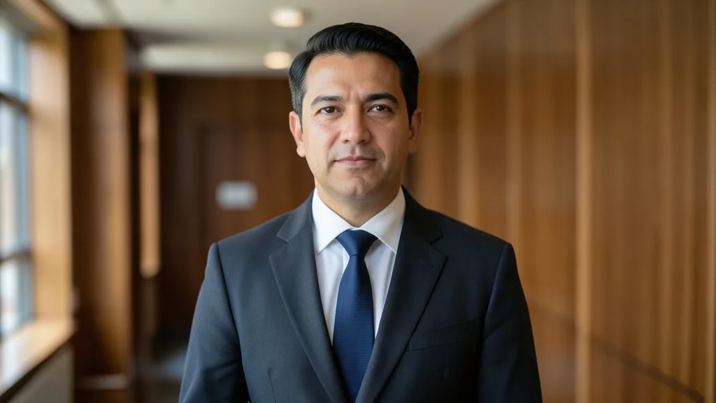 Imagem gerada por IA: Filipe Barros em retrato em um corredor institucional.