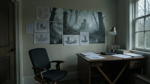 Imagem gerada por IA: Cadeira vazia em escritório de produção, com desenhos de uma floresta e ruínas ao fundo.