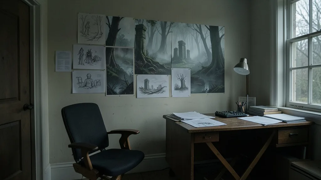 Imagem gerada por IA: Cadeira vazia em escritório de produção, com desenhos de uma floresta e ruínas ao fundo.