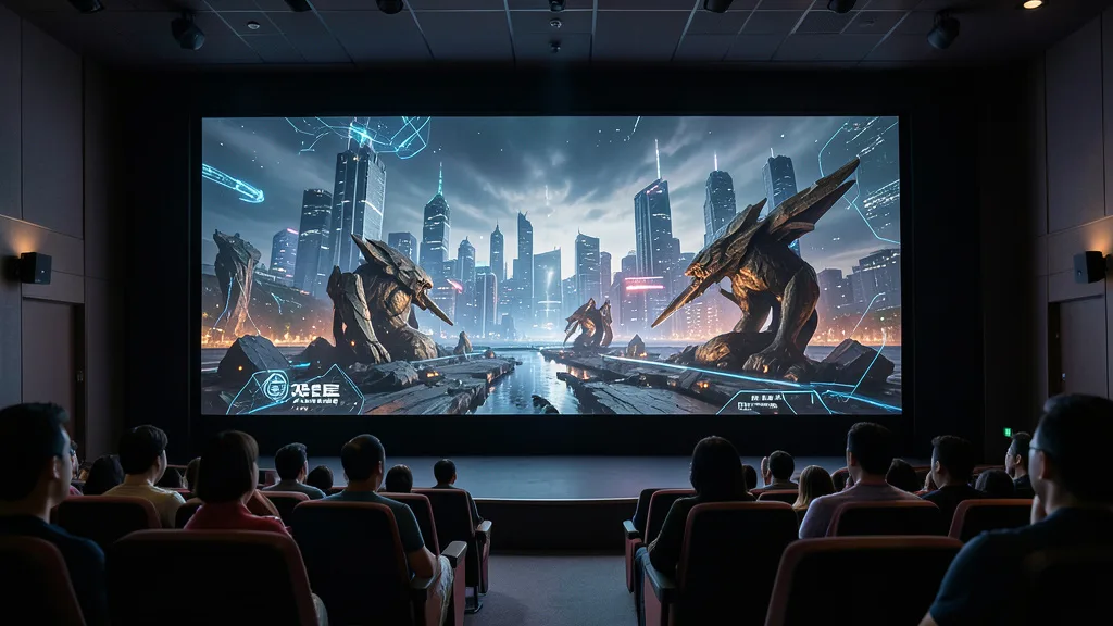 Imagem gerada por IA: Público assiste a uma projeção de ficção científica em uma sala de cinema.