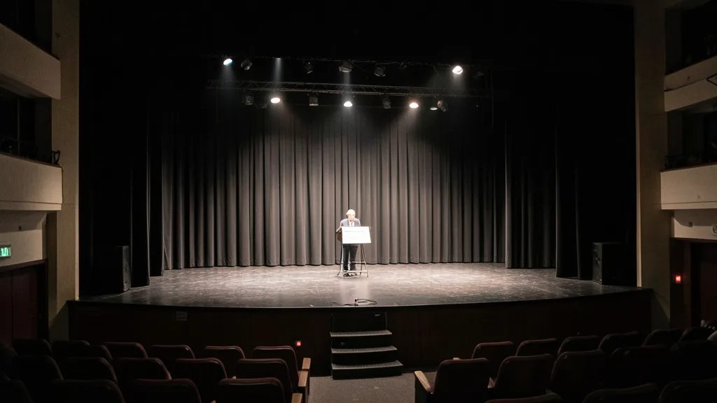 Imagem gerada por IA: Palco vazio de teatro com cortina parcialmente fechada e refletores acesos.