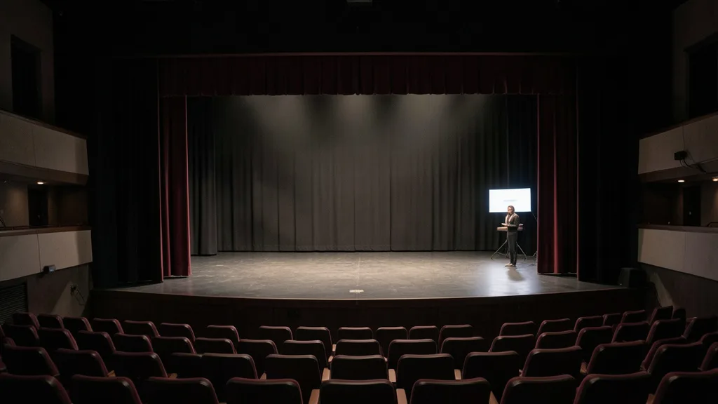 Imagem gerada por IA: Palco de teatro parcialmente encoberto pela cortina, com espaço iluminado para interpretação em Libras.