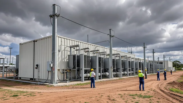 Imagem gerada por IA: Centro de dados modular com equipamentos de refrigeração e infraestrutura de energia.