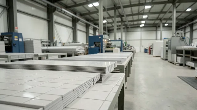 Imagem gerada por IA: Interior de uma fábrica de revestimentos cerâmicos, com equipamentos e peças de cerâmica.