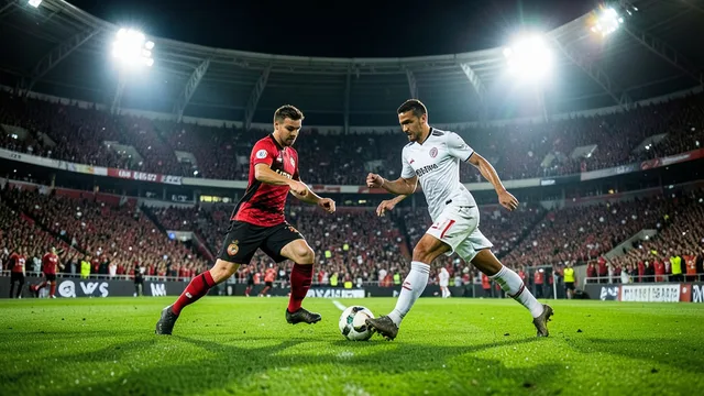 Imagem gerada por IA: Jogadores de uniformes rubro-negro e branco disputam a bola em um estádio lotado.