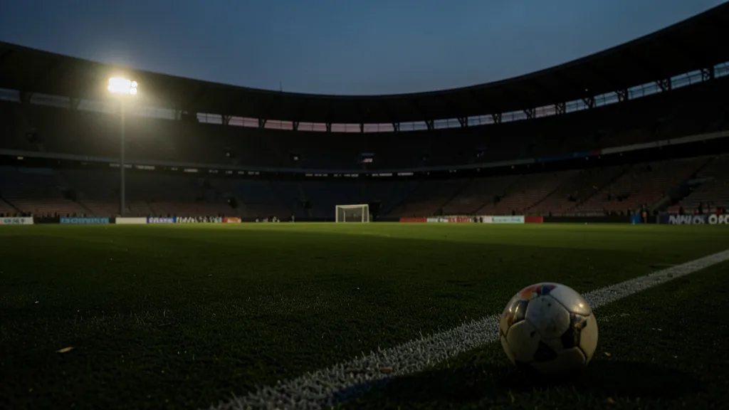 Imagem gerada por IA: Bola junto ao gramado de um estádio iluminado ao entardecer.
