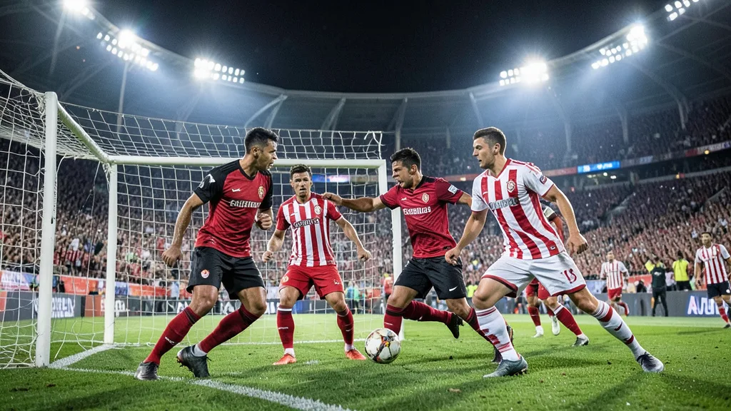 Imagem gerada por IA: Jogadores do Flamengo e do Estudiantes disputam a bola em um estádio iluminado.