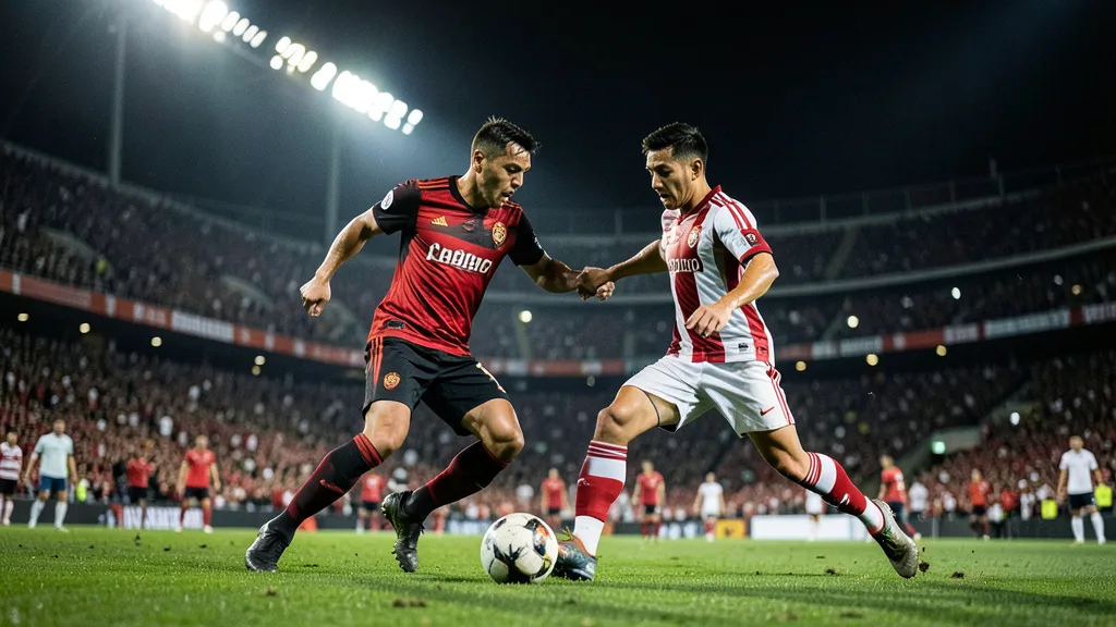 Imagem gerada por IA: Jogadores do Flamengo e do Estudiantes disputam a bola em um estádio lotado à noite.