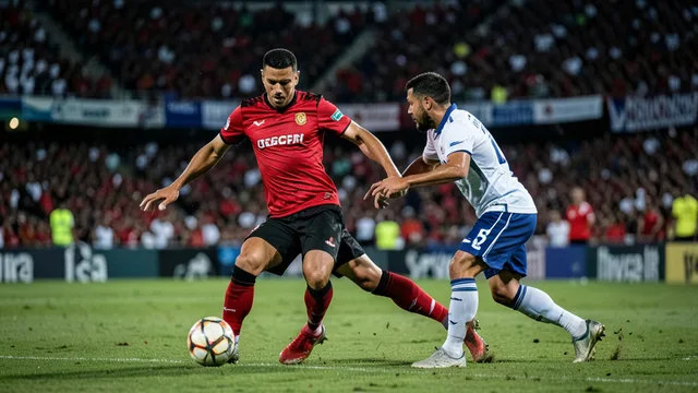 Imagem gerada por IA: Jogador de vermelho e preto disputa a bola com um adversário em uma partida de futebol.