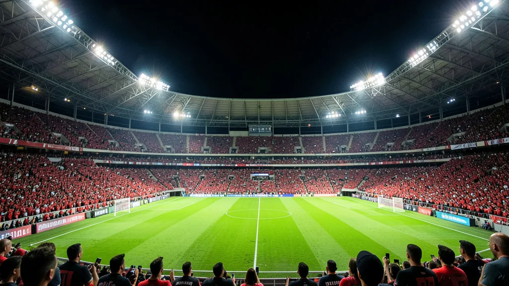 Imagem gerada por IA: Maracanã iluminado à noite antes de uma partida de futebol.