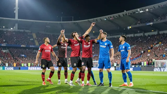 Imagem gerada por IA: Jogadores de vermelho e preto comemoram um gol em um estádio lotado.
