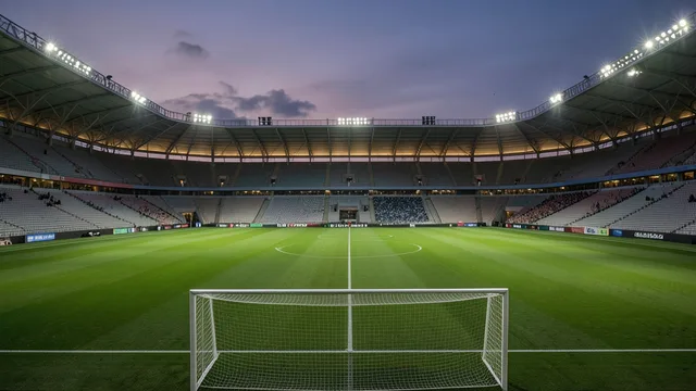 Imagem gerada por IA: Campo de futebol vazio em um estádio iluminado ao anoitecer.