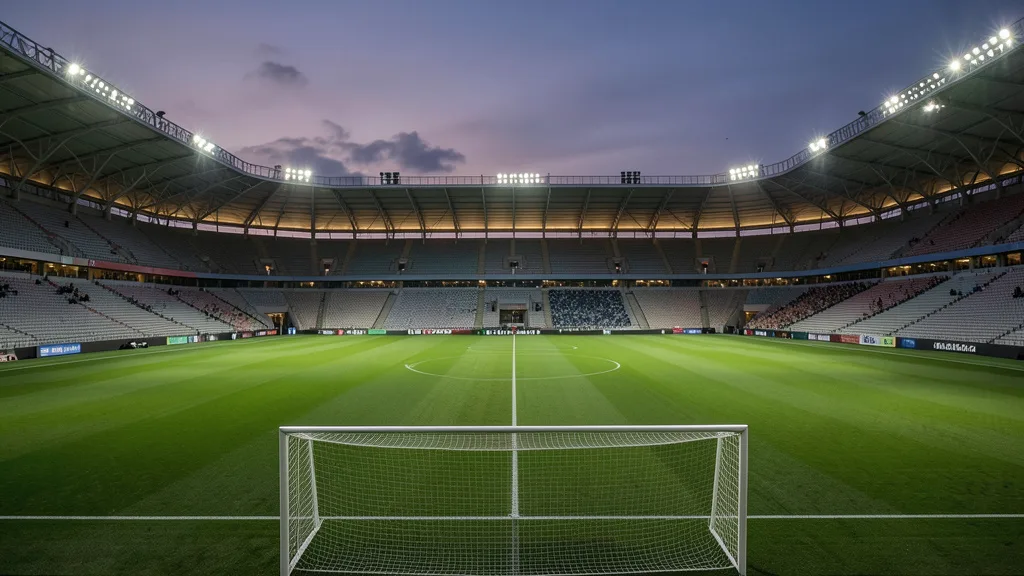 Imagem gerada por IA: Campo de futebol vazio em um estádio iluminado ao anoitecer.