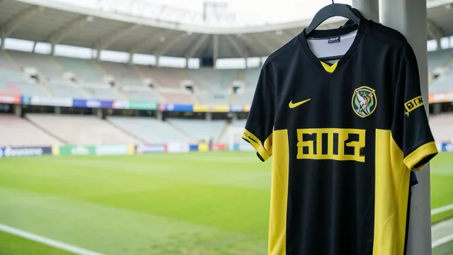 Imagem gerada por IA: Camisa de futebol sem marcas diante de um estádio com placas publicitárias.