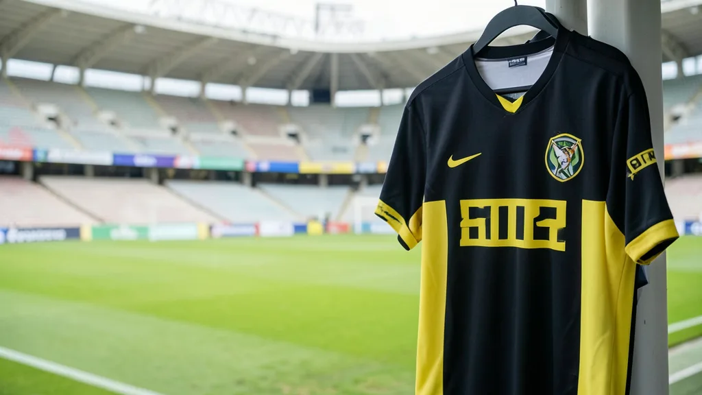 Imagem gerada por IA: Camisa de futebol sem marcas diante de um estádio com placas publicitárias.